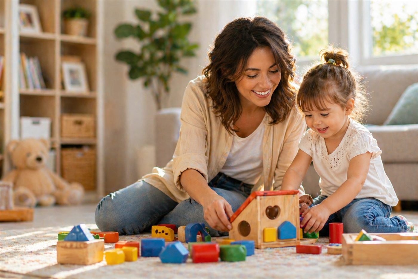 Professionnelle de la petite enfance jouant avec un enfant